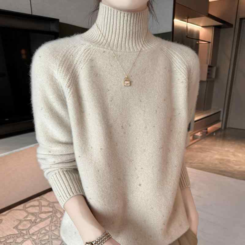 ニット レディース 秋冬 ウール 羊毛 厚手 長袖 ゆったり プルオーバー セーター インナー シンプル スタンドカラー オフィス 通勤 きれいめ おしゃれ トップス