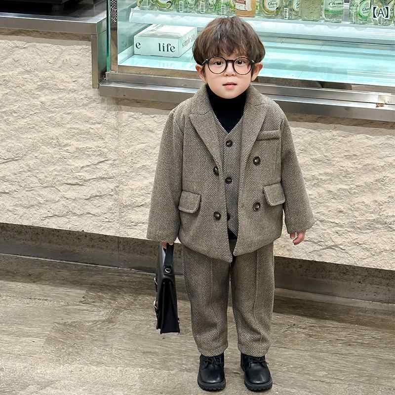 キッズ 男の子 ウール 中綿入り 保温 防寒 シングルボタン ミドル丈 スーツ ジャケット ベスト 3点セット 秋冬 韓国ファッション 親子お揃い ストライプ柄 ブラウン｜モズラボ