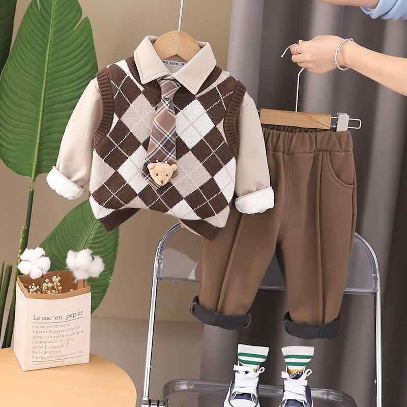 ベビー服 男の子 秋冬 スクール風 裏起毛 ニットベスト 襟付き長袖シャツ パンツ 3点セット 綿 コットン 韓国子供服 お出かけ カジュアル 通園
