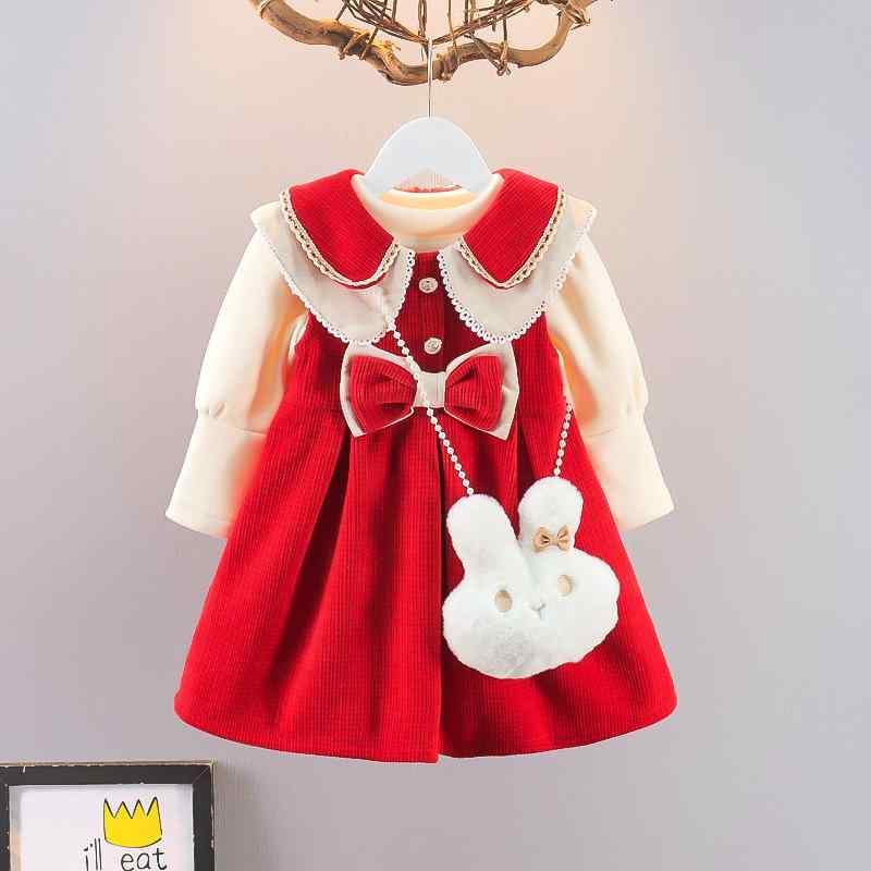 キッズ 女の子 裏起毛 厚手 あったか プリンセス風 かわいい フリル襟 長袖 セットアップ 2点セット 秋冬 お出かけ フォーマル ドレス風 スカート 綿 コットン 赤 ピンク
