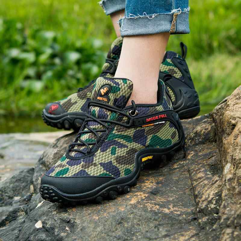 トレッキングシューズ メンズ レディース 登山靴 スニーカー アウトドア ハイキング 春夏 メッシュ 通気性 厚底 滑り止め 迷彩 カモフラ レッド グリーン グレー｜モズラボ