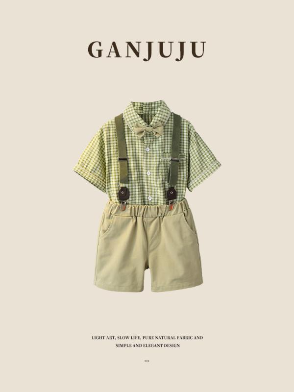 キッズ フォーマル スーツ 子供 男の子 結婚式 発表会 春夏 半袖 グリーン チェック カジュアル