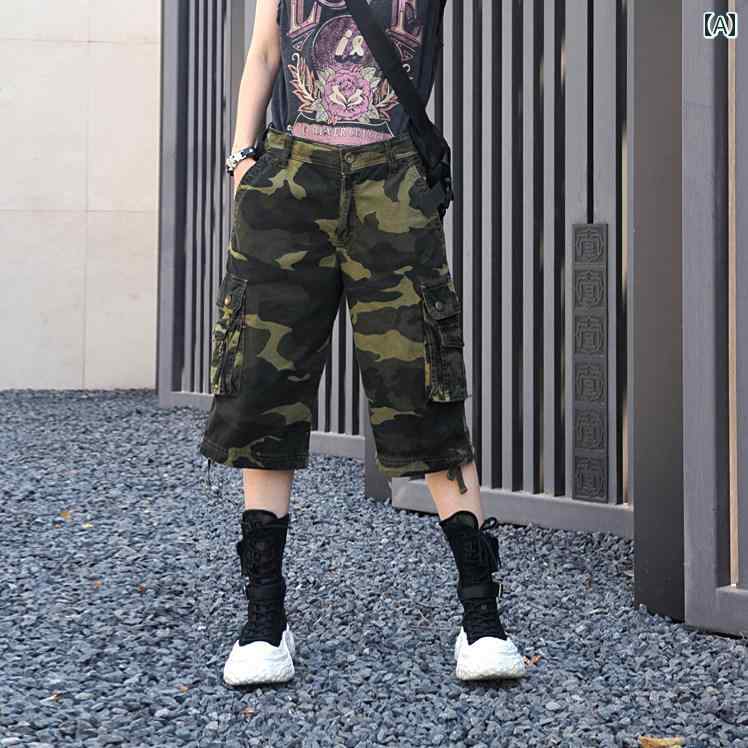 カーゴパンツ レディース ボトムス 迷彩 カモフラ 春夏 薄手 カップル 男女兼用 アメリカン ストリート ヒップホップ カジュアル ショーツ アウトドア グリーン パープル