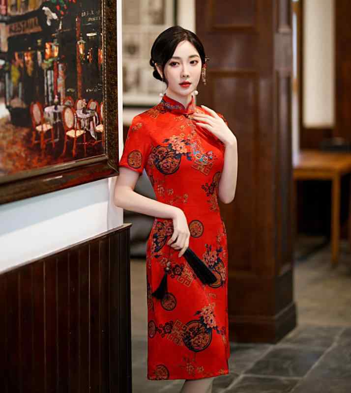 ドレス レディース ワンピース チャイナ風 中華 フォーマル 結婚式 春夏 刺繍 レトロ 花柄 レッド 半袖