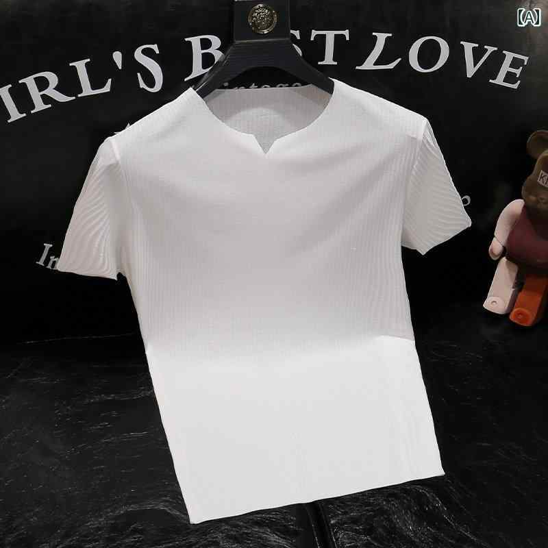 メンズ ｔシャツ スリム 春夏 シームレス 涼しい Vネック タイト トップス シンプル 半袖 白 黒 青