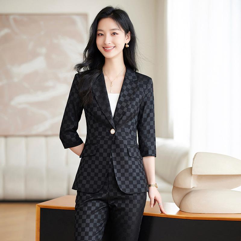 スーツ レディース チェック柄 春夏 通勤 オフィス ビジネス 事務服 制服 受付 サービス業 美容院 ホテル 医療事務 七分袖 ジャケット ロングパンツ セットアップ ポリエステル レーヨン混素材 シワになりにくい イージーケア ブラック ピンク ベー