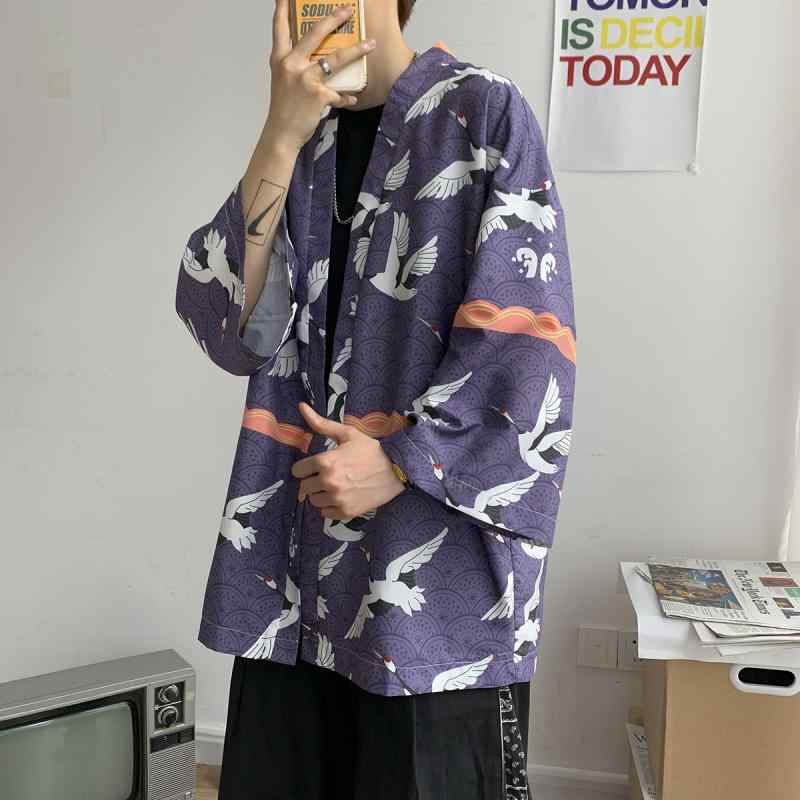 羽織り メンズ 春夏 薄手 軽量 チャイナ風 漢服風 大きいサイズ ビッグサイズ ゆったり リラックス 半袖 カーディガン ガウン ユニセックス アジアンテイスト 麻混 ポリエステル 龍柄 鶴柄 カジュアル 普段着 リラックスウェア