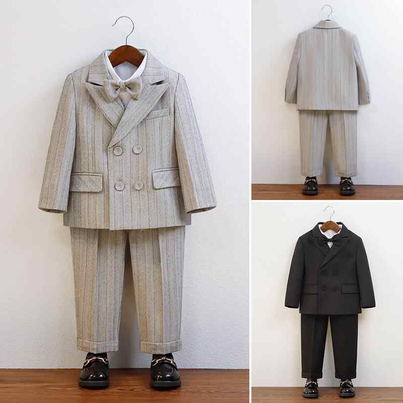 フォーマルスーツ 男の子 キッズ ダブルボタン ジャケット ベスト セットアップ ストライプ柄 ブリティッシュスタイル 長袖 結婚式 発表会 誕生日 入学式 卒業式 卒園式 七五三 記念写真 通年 オケージョンウェア ポリエステル混紡