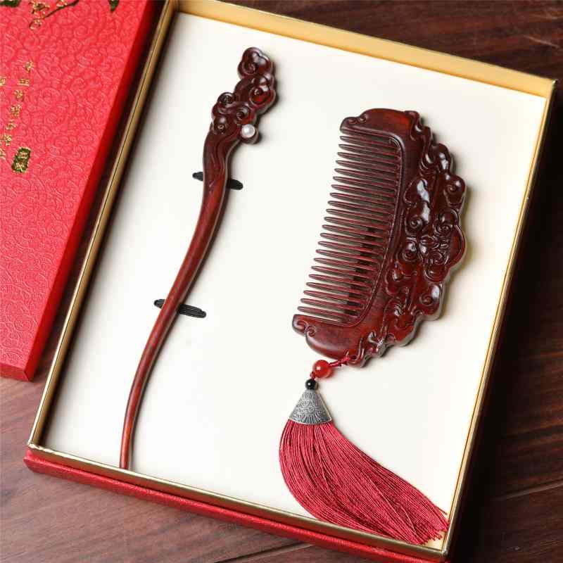 櫛 かんざし レディース 紫檀木製 美髪ヘアブラシ 瑞彩祥雲 天然素材 髪飾り 高級感 ギフトセット 贈答品 プレゼント おしゃれ かわいい