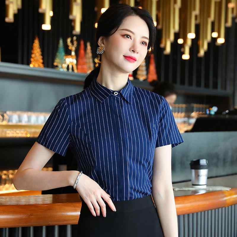 ブラウス レディース ストライプ柄 半袖 薄手 オフィスウェア 通勤 制服 上品 春夏 ホテルフロント サービス業 ユニフォーム セットアップ
