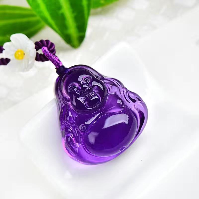 ペンダントトップ 天然石 紫水晶 アメジスト クリスタル 弥勒仏 笑い仏 仏像 手彫り 彫刻 開運 縁起物 吉祥 招福 お守り パワーストーン 中国風 レトロ ネックアクセサリー