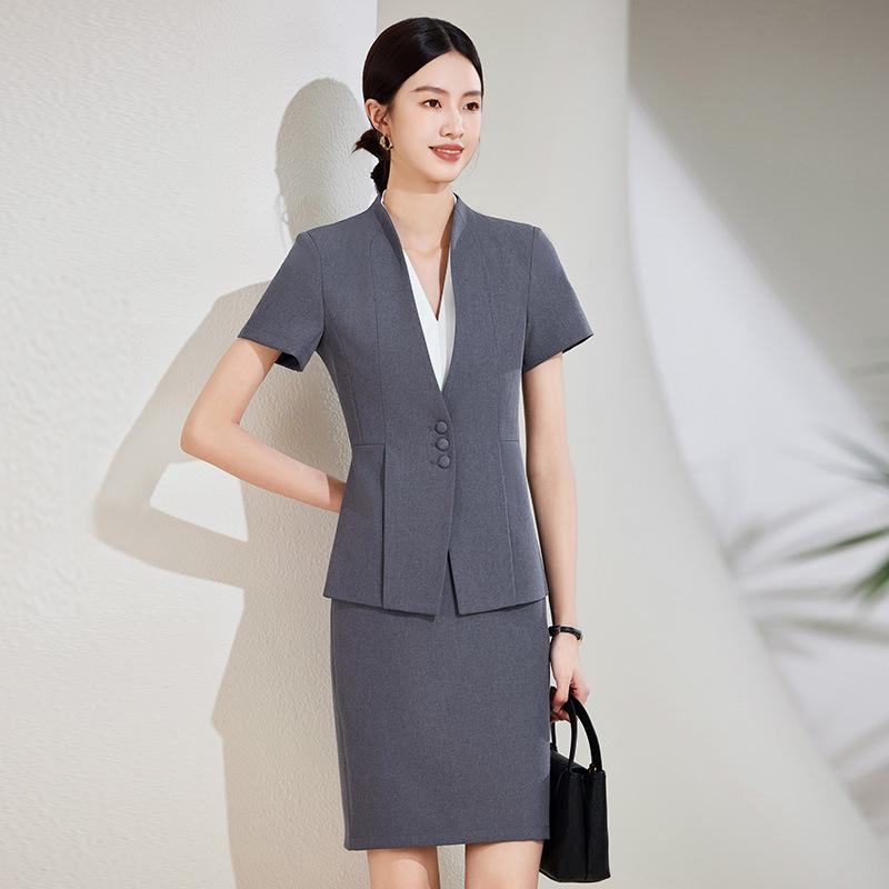 スーツ セットアップ レディース 薄手 半袖 春夏 ポリエステル ストレッチ オフィス ビジネス 通勤 事務服 受付 接客 きれいめ エレガント グレー ネイビー ベージュ ブラック