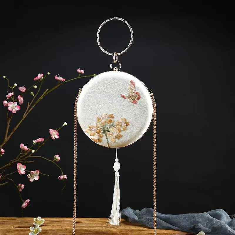 バッグ レディース 中国風 刺繍 古風 レトロ がま口 月餅型 ミニ 丸型 コットン リネン ピンク ショルダーバッグ 斜め掛け 肩掛け 手提げ 普段使い 鞄