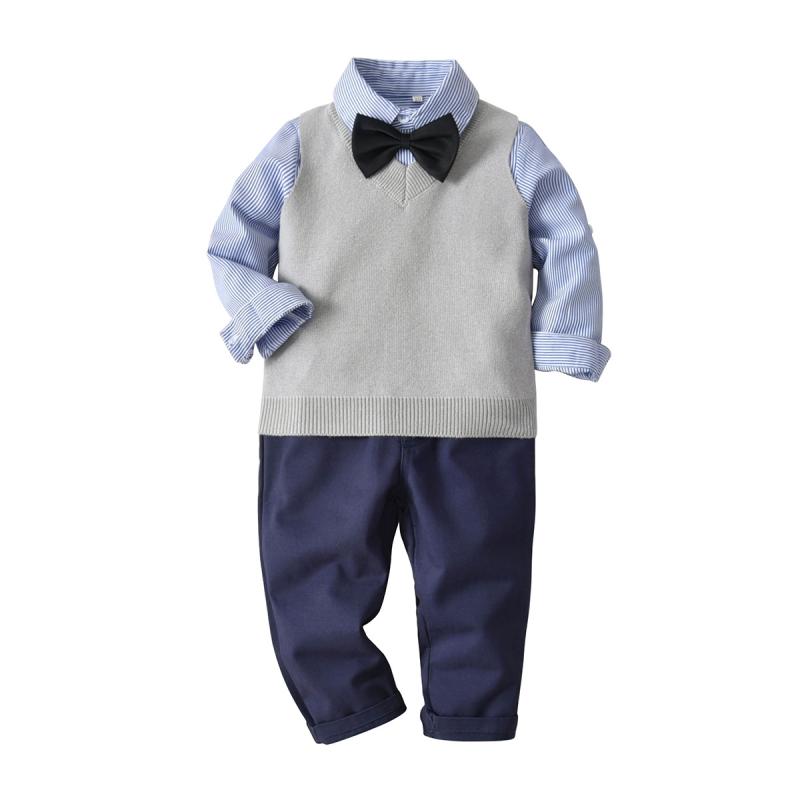キッズ 男の子 秋冬 フォーマルウェア コットン混 ソフト加工 紳士風 シャツ ベスト ロングパンツ 蝶ネクタイ グレー 4点セット 結婚式 発表会 入学式 七五三 誕生日 お出かけ 3歳 4歳 5歳 6歳 7歳 8歳 子供服