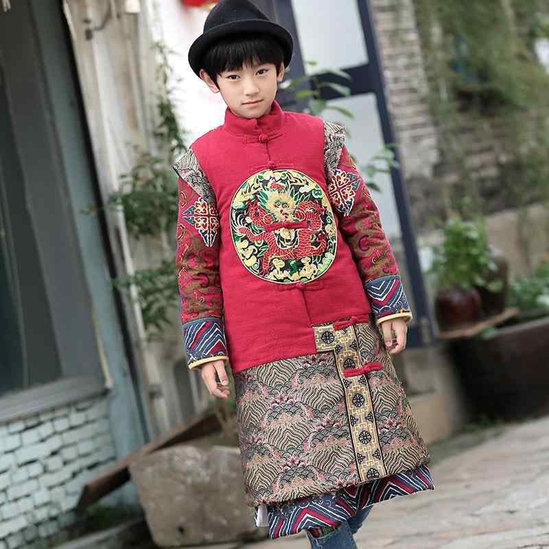 アウター 男の子 冬物 厚手 中綿入り 中国風 レトロ ロング丈 唐装 長袍 龍柄 刺繍 中綿ベスト 2点セット 赤色 綿 コットン