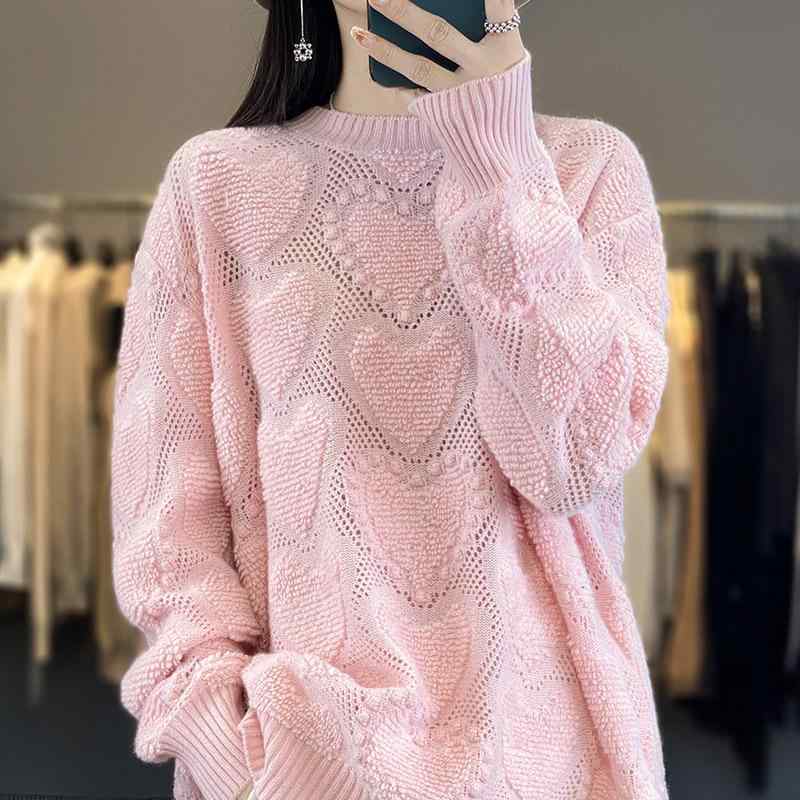 ニット レディース ゆったり リラックスフィット 透かし編み ウール 厚手 クルーネック 長袖 プルオーバー 秋冬 上品 エレガント 無地 セーター トップス|モズラボ