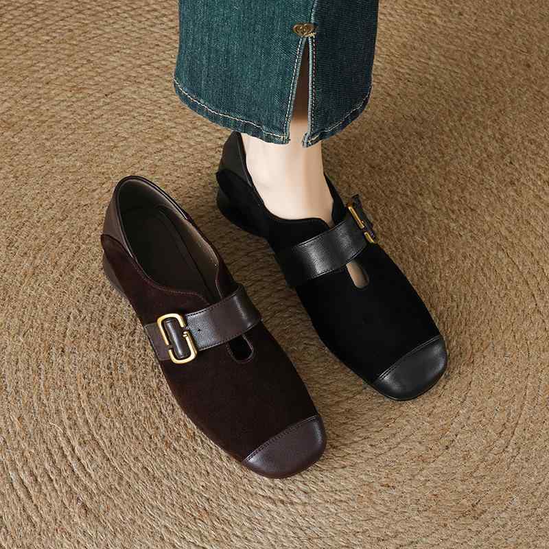 パンプス レディース チャンキーミドルヒール 3-5cm ラウンドトゥ 2WAY フレンチレトロ ベルトバックル 羊革スエード 大きいサイズ対応 ブラック ブラウン 通勤 デイリーユース 春夏秋冬｜モズラボ