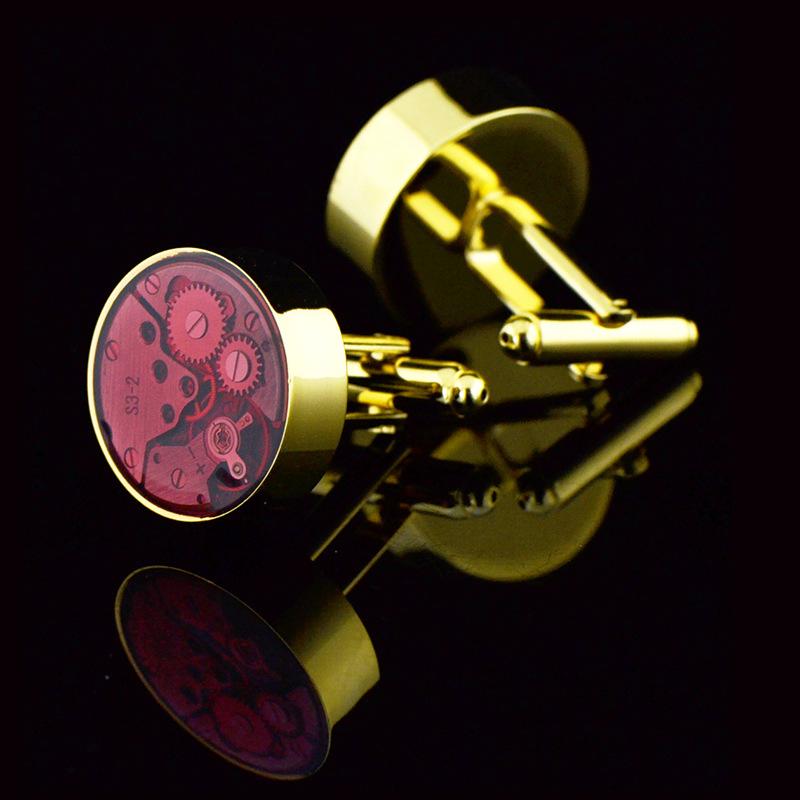 カフスボタン メンズ ゴールド パンク 機械式ムーブメント レッド レジン フレンチスタイル カフリンクス チタン鋼製 幾何学 電気メッキ加工