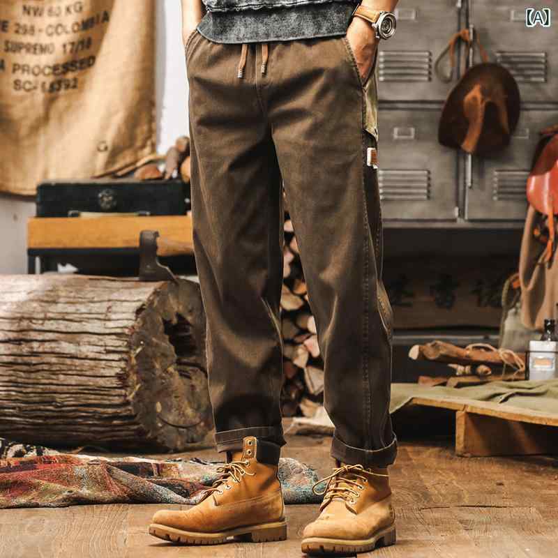 ワークパンツ メンズ アメリカンカジュアル レトロ デザイン 配色切り替え ゆったり ストレート カジュアル 普段使い 秋冬 コットン ストレッチ 耐久性 イージーケア ブラック ブラウン