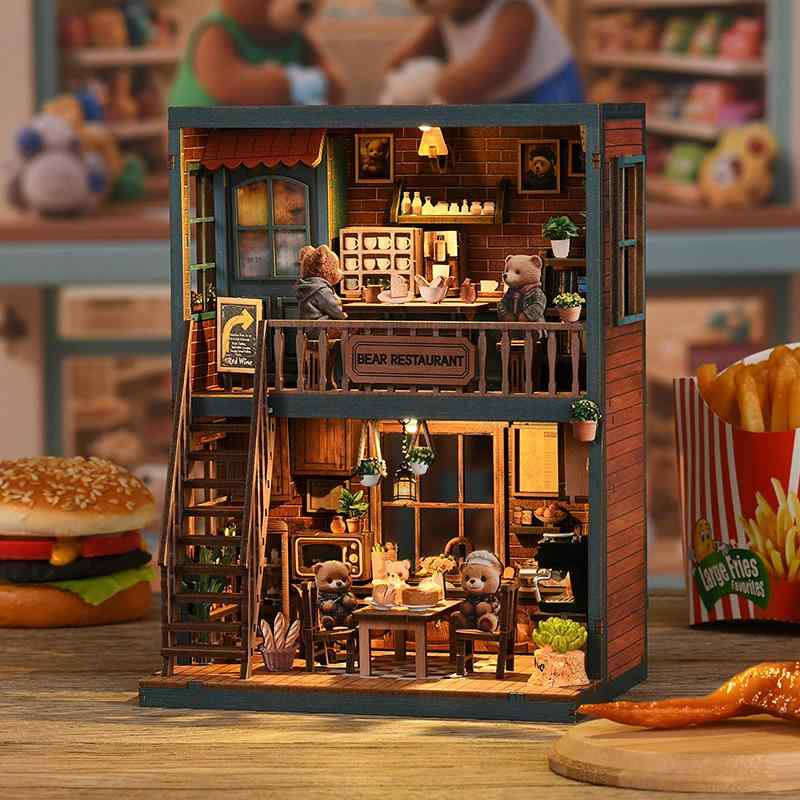 3D立体 DIYミニチュアハウス ドールハウス 木製 大人の クマさんカフェ ブックエンド 本立て 手作り 組み立てキット 模型キット ジオラマ 知育玩具
