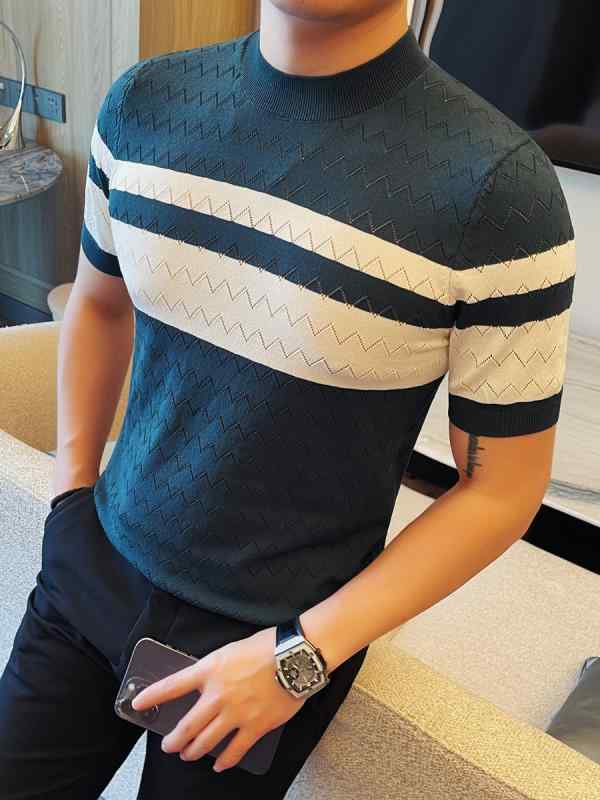 Tシャツ メンズ ニット 高ストレッチ 通気性抜群 半袖 クルーネック ストライプ柄 スリムフィット 高級感 カジュアル プルオーバー 夏