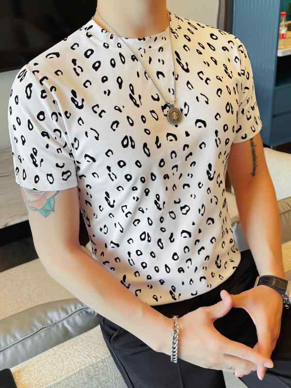Tシャツ メンズ ストレッチ フロッキー加工 ヒョウ柄 スリムフィット クルーネック 半袖 綿混素材 カジュアル 春夏 カットソー トップス 黒 白