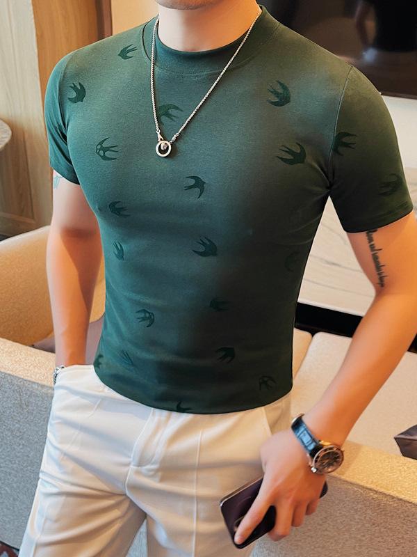 Tシャツ メンズ 高伸縮性 ストレッチ 薄手 半袖 スリムフィット 丸首 プルオーバー 燕フロッキー加工 綿混素材 コットン 大人カジュアル スマート 普段着 夏
