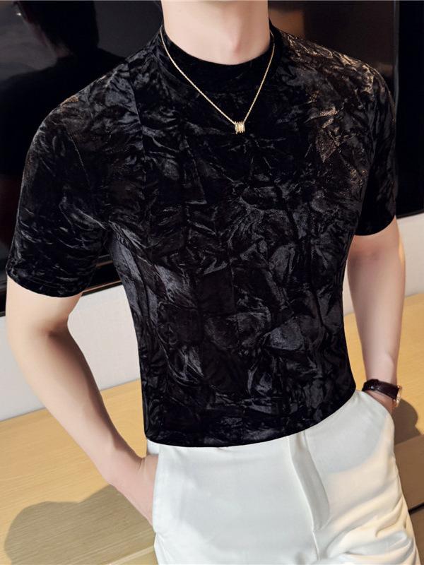 Tシャツ メンズ 春夏 薄手 ベルベット プリーツ クルーネック 半袖 ストレッチ スリムフィット 細身 ポリエステル ストライプ カジュアル インナー カットソー シワになりにくい 色落ちしにくい 黒色 ブラウン