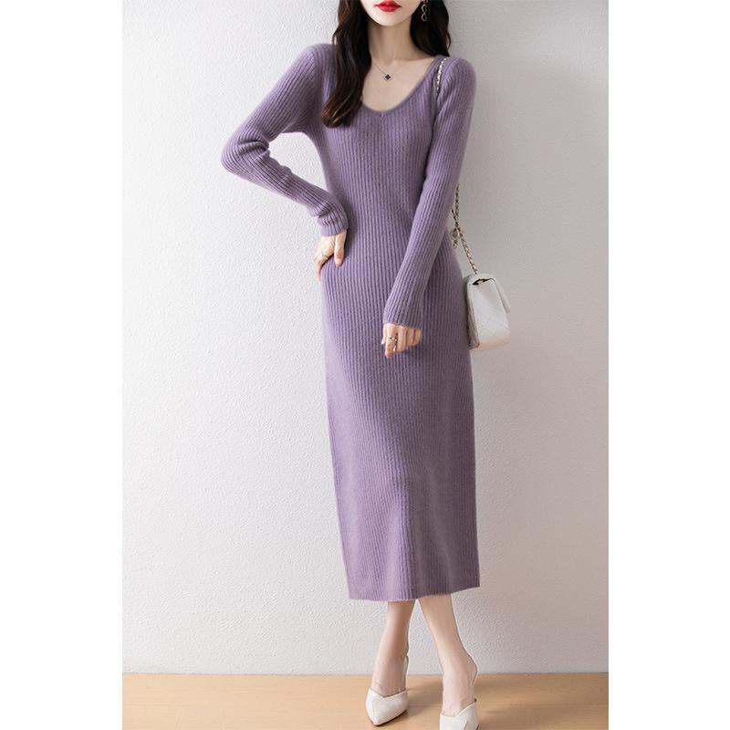 ワンピース レディース Vネック ロング丈 ニット ウール スリム 秋冬 長袖 ハイウエスト リブ 無地 通勤 オフィス 体型カバー