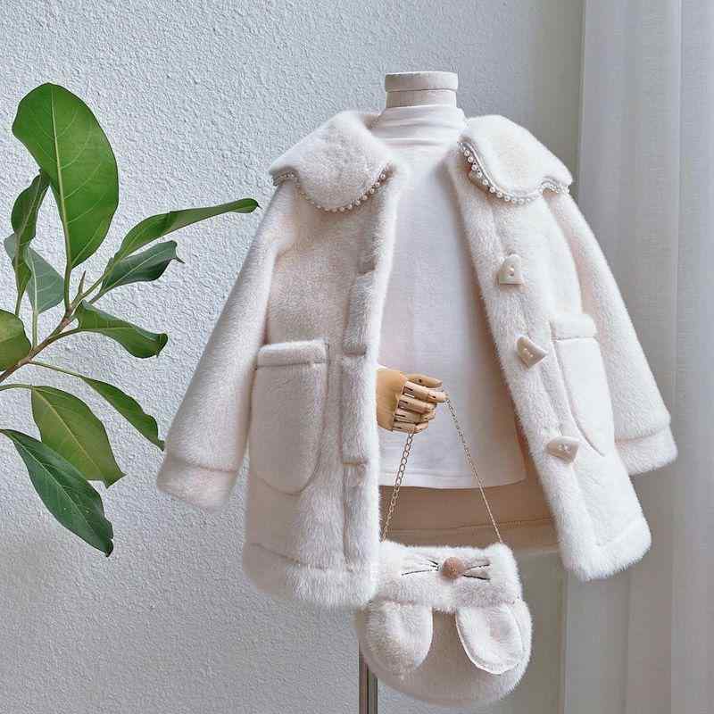 アウター 女の子 キッズ 子供 冬物 厚手 暖かい 防寒 フェイクファー ボア コート 上品 かわいい 丸襟 シングルボタン 韓国風 おしゃれ ミドル丈 通園 通学 お出かけ