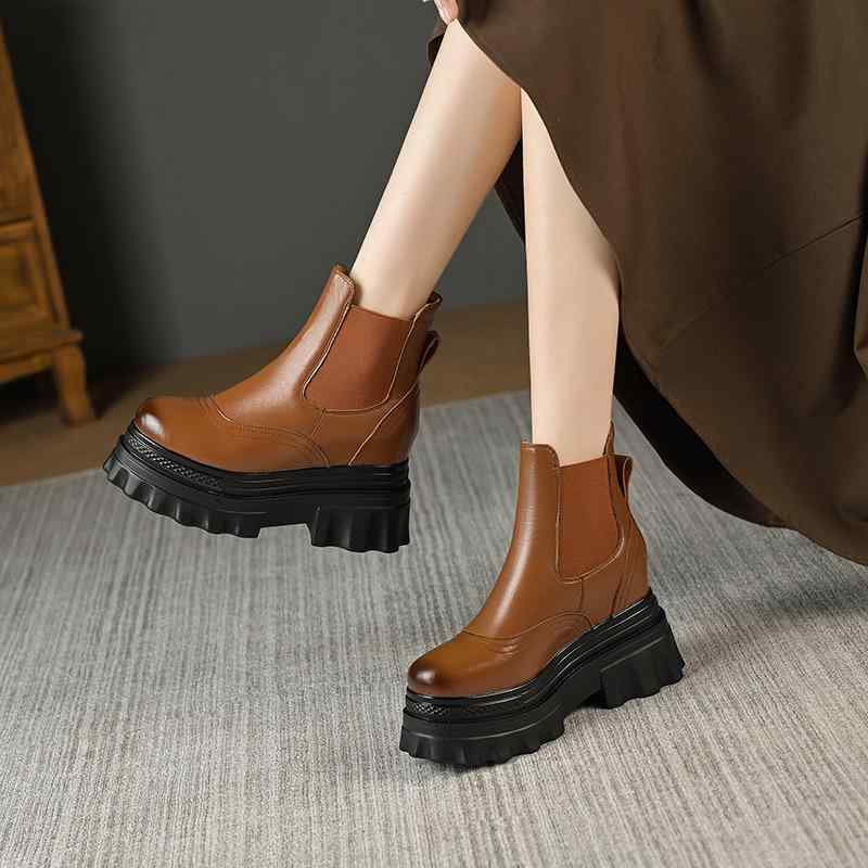 チェルシーブーツ レディース 10cm インヒール 厚底 プラットフォーム 本革 ラウンドトゥ 太ヒール 滑り止め 裏起毛 ショートブーツ 秋冬 カジュアル ブリティッシュ ブラウン ブラック