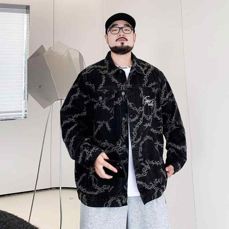 デニムジャケット メンズ 大きいサイズ ストリート系 綿素材 長袖 総柄 刺しゅう 襟付き ゆったり 体型カバー カジュアル アウター 春秋