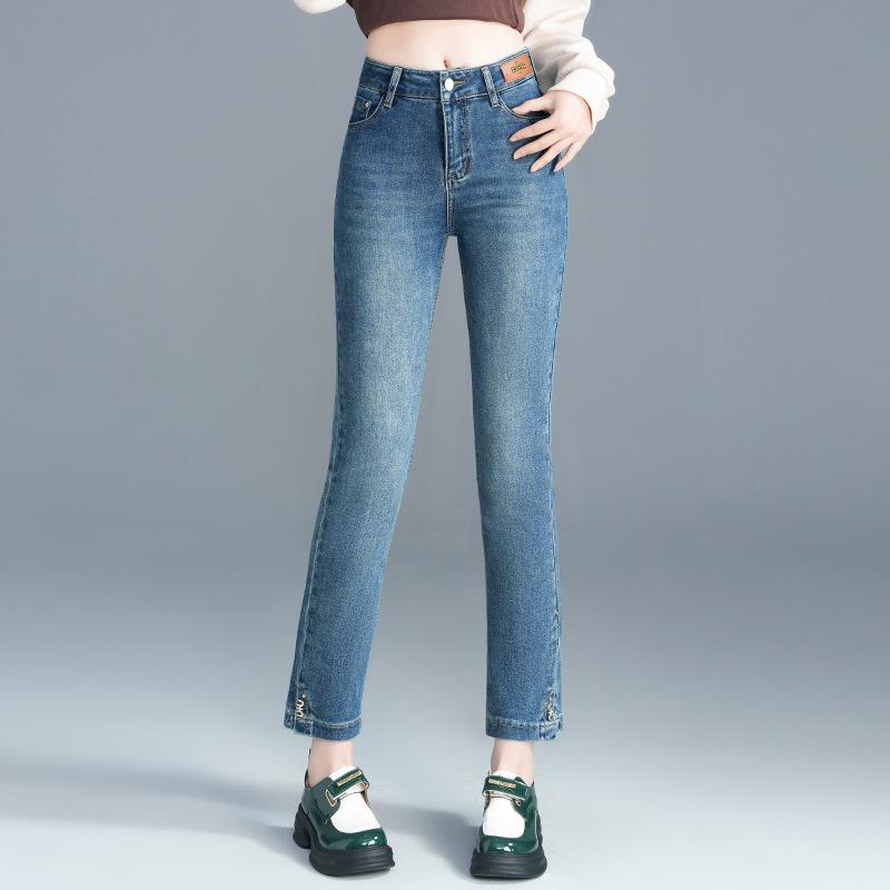デニムパンツ レディース ハイウエスト 細見え スリムストレート 微ストレッチ コットンブレンド 中厚手 秋 フルレングス シワになりにくい きれいめ 韓国ファッション 通勤 着回し|モズラボ