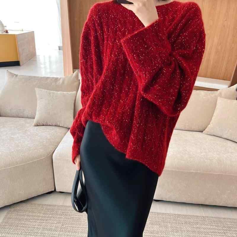 ニット レディース 厚手 ウール ケーブルニット ゆったり 丸首 オールドマネー スタイル プルオーバー 上品 光沢感 長袖 秋冬 通勤 オフィス カジュアル