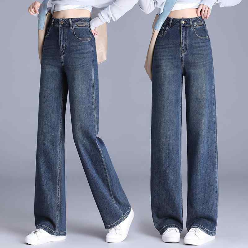 デニムパンツ レディース 高級感 ヘビロテ レトロ スリム 細見え ゆったり ストレッチ ハイウエスト ストレート ロング コットン混 通勤 ウォッシュ加工 韓国風 秋冬|モズラボ