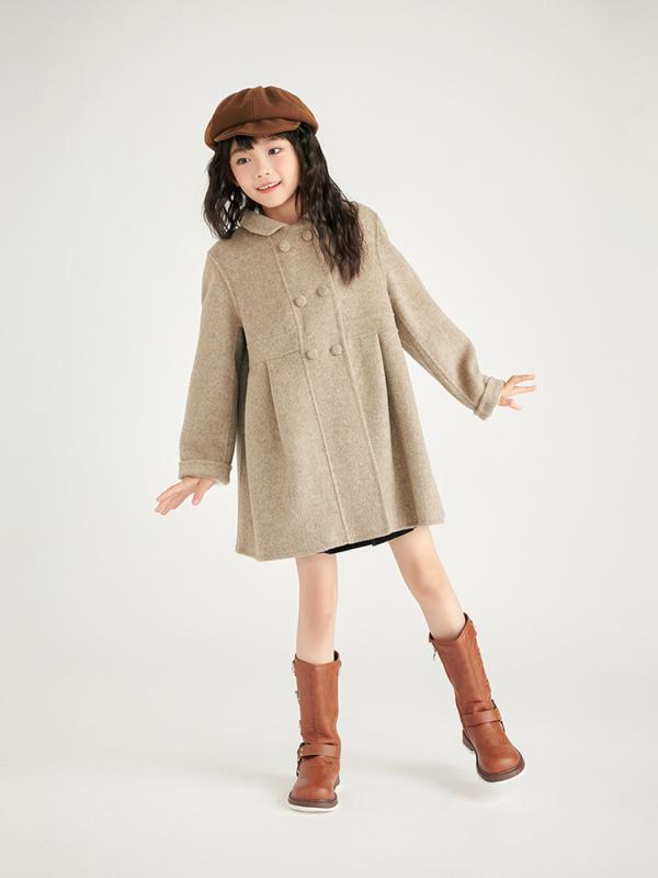 コート キッズ 女の子 ベビー ガールズ 秋冬 厚手 防寒 暖かい 上質ウール100% ドールカラー 付け襟 ダブルボタン ミドル丈 おしゃれ 上品 カジュアル 無地 通学 お出かけ