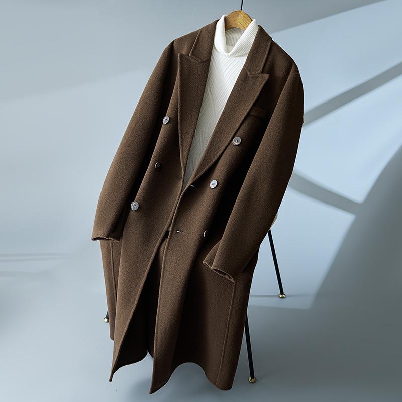 コート メンズ ダブルフェイス ウール カシミヤ 混 テーラードカラー ダブルブレスト ロング丈 膝下丈 無地 春秋 カジュアル ブリティッシュスタイル｜モズラボ
