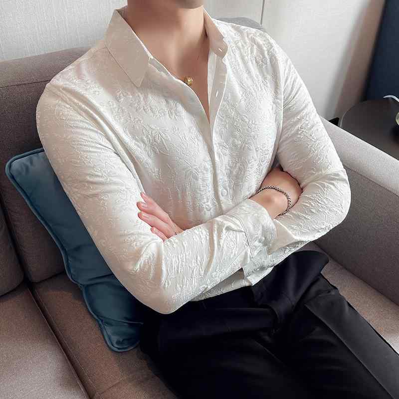 シャツ メンズ 男性用 スリムフィット 細身 長袖 ジャガード織り柄 色落ちしにくい 薄手 ポリエステル混紡 韓国ファッション おしゃれ カジュアル デート 普段使い 通勤 ビジネス 春夏 大人かっこいい こなれ感 ホワイト ブラック グリーン