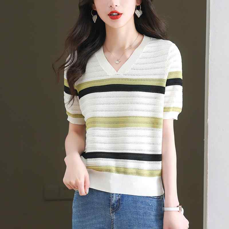 ニット レディース 接触冷感 薄手 ゆったり 半袖 Vネック Tシャツ カットソー ストライプ 透かし編み 配色切り替え ミセス ママ ファッション 通勤 カジュアル ショート丈 春夏 トップス