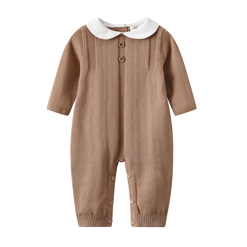 ロンパース カバーオール ベビー キッズ 子供服 ユニセックス 男女兼用 新生児 ニット 綿100% 春秋 長袖 丸襟 襟付き ブラウン 茶色 韓国風 プルオーバー