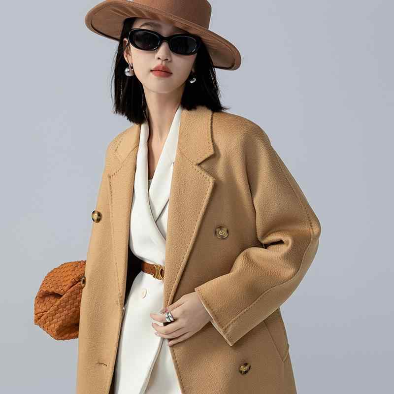 コート レディース ダブルブレスト 厚手 ゆったり ロング丈 テーラードカラー ウール カシミヤ ダブルフェイス 水波模様 クラシック 通勤 オフィス キャメル 黒 ネイビー ブラウン ベージュ｜モズラボ