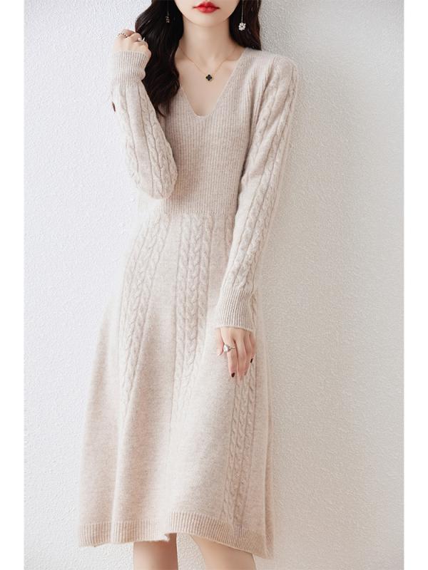 厚手 Vネック 体型カバー ゆったり ロング丈 マキシ丈 Aライン ウール ニット 無地 プルオーバー 秋冬 通勤 きれいめ 大きいサイズ レディース ワンピース｜モズラボ