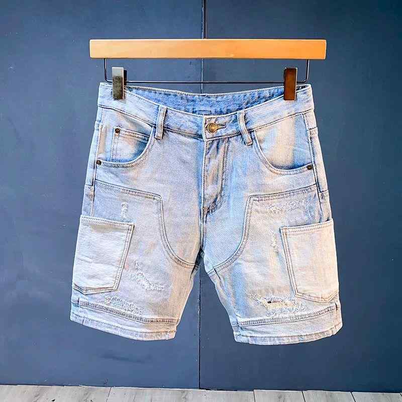 デニムパンツ メンズ 高級感 ワークテイスト ダメージ加工 ウォッシュ加工 ストレッチ ハーフパンツ ストレート カジュアル 通勤用 春夏 ライトブルー コットン