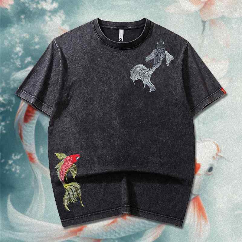 Tシャツ メンズ 春夏 凝った錦鯉刺繍 中国風 国潮スタイル 綿100% ウォッシュ加工 半袖 リラックスフィット 通気性 シワになりにくい 快適 普段着