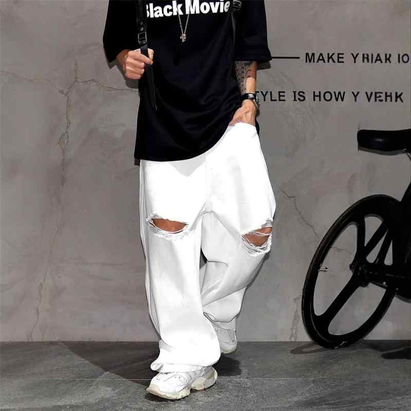 デニムパンツ メンズ ホワイト 個性的な コットン 微ストレッチ ダメージ加工 ワイド ルーズ ストレート スタックド アメリカンストリートスタイル カジュアル 春夏 デイリーユース