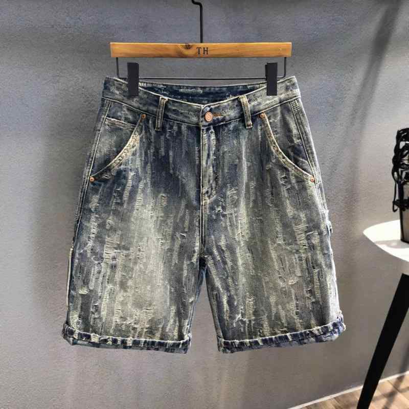 デニムショートパンツ メンズ 薄手 クラッシュ加工 ウォッシュ加工 ストレッチ ルーズフィット 綿素材 五分丈 ミドルウエスト ジッパーフライ ライトブルー デザイナーズデザイン 重厚感 ストリートファッション 普段使い 春夏