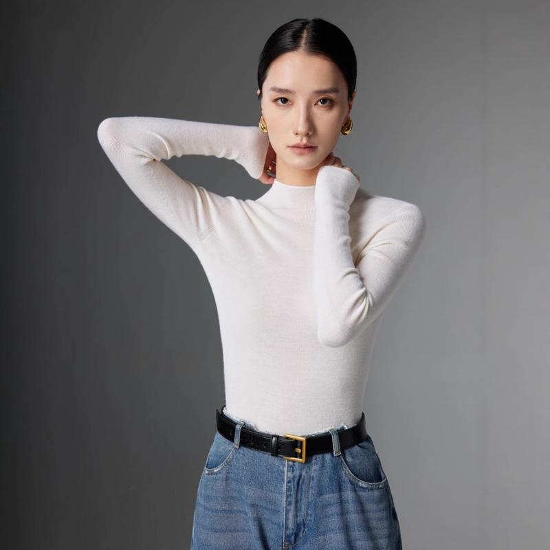 ニット レディース ハイネック プルオーバー 長袖 シームレス インナー ウール カシミヤブレンド スリムフィット 上品 通勤 エレガント 秋冬
