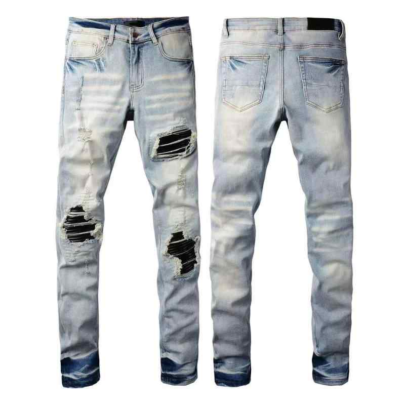 デニムパンツ メンズ ストレッチ スリムフィット テーパード クラッシュ加工 パッチワーク レトロ 欧米風 ストリートカジュアル ライトブルー ジーンズ 男性用 長ズボン デイリー
