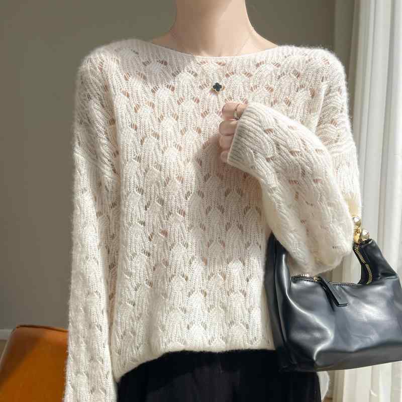 ニット レディース 透かし編み モックネック カシミヤ シルクブレンド 長袖 春秋 オフィス カジュアル 上品 シンプル ミドル丈 セーター トップス｜モズラボ