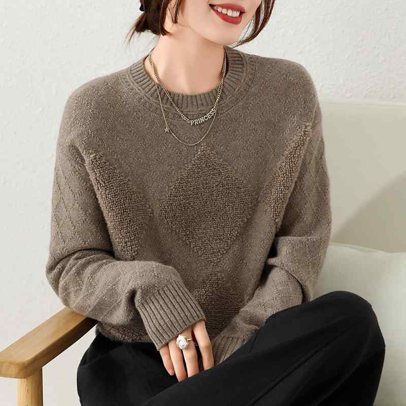 ニットセーター レディース 秋冬 カシミヤブレンド ゆったり 体型カバー ひし形柄 アーガイル カジュアル オフィス 通勤 長袖 プルオーバー 厚手 丸首 リブ トップス｜モズラボ